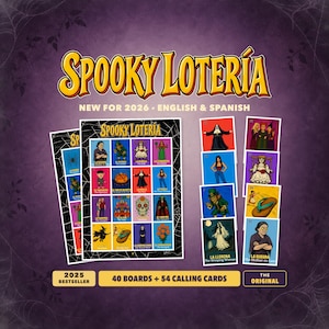 Könnte beinhalten: Spooky Lotería Spielset vor einem violetten Hintergrund mit Spinnennetz-Akzenten. Enthält Spielbretter und Spielkarten mit farbenfrohen Illustrationen verschiedener Figuren und Objekte, mit Text auf Englisch und Spanisch. Beschriftet mit 40 Brettern und 54 Karten.