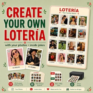 Puede incluir: Un kit de juego de Lotería personalizado con un tablero grande de dieciséis espacios numerados para fotos, cartas individuales y archivos digitales. El texto dice CREATE YOUR OWN LOTERÍA con your photos + inside jokes y LOTERÍA Your Family Game.