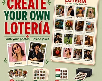 May include: A custom Lotería game kit featuring a large game board with sixteen numbered photo slots, individual calling cards, and digital file options. The text reads CREATE YOUR OWN LOTERÍA with your photos + inside jokes and LOTERÍA Your Family Game.