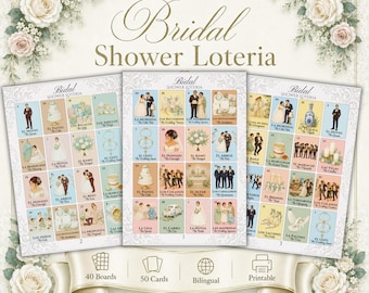 Bridal Shower Lotería: Latino Wedding Shower Party, Bilingual Spanish English, 40 Boards 50 Cards