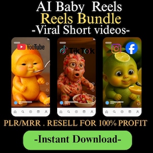 Può includere: Una pubblicità per "AI Baby Reels Bundle" con tre bambini dei cartoni animati su schermi di telefoni, ognuno rappresentante una piattaforma di social media: YouTube, TikTok e Instagram/Facebook. Il testo promuove brevi video virali e opportunità di rivendita.