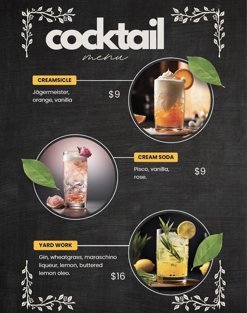 Modern Cocktail Menu Template | Editable PDF Drink Menu for Bars, Cafés ...