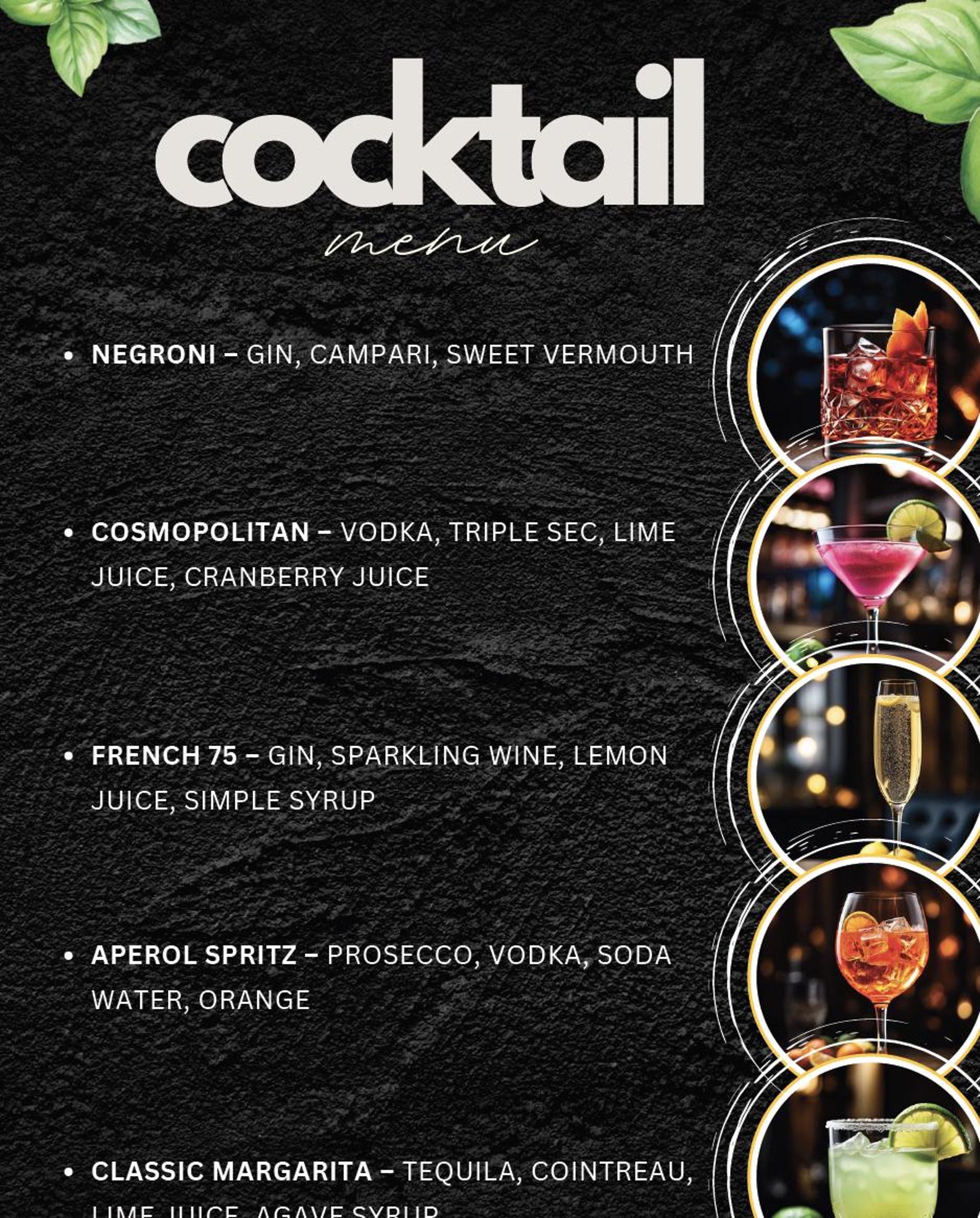 Cocktail Menu Template | Editable PDF Bar Drink Menu | Modern ...