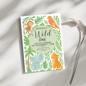 Invitación de cumpleaños de Wild One: temática de jungla safari (descarga digital, PNG/PDF imprimible)
