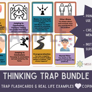 Op de afbeelding: Een set kleurrijke flashcards met illustraties en tekst die verschillende denkfouten beschrijven. De tekst bevat zinnen als "Snel conclusies trekken", "Gedachtelezen", "Toekomstvoorspelling", "De schuld bij anderen leggen", "Overgeneralisatie", "Mentale filter" en "Positieve punten minimaliseren". De kaarten zijn ontworpen om mensen te helpen negatieve denkpatronen te identificeren en te beheren. De tekst "Thinking Trap Bundle" staat onderaan de afbeelding.
