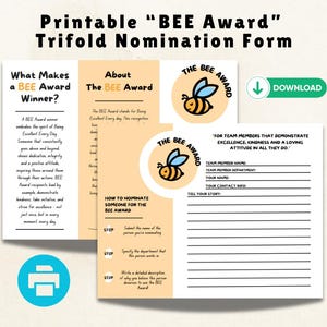 Può includere: Modulo di nomina pieghevole "BEE Award" stampabile. Il modulo presenta una grafica a forma di ape e include sezioni per le nomination, i dettagli del premio e le informazioni sul candidato. Il modulo è progettato per riconoscere l'eccellenza.