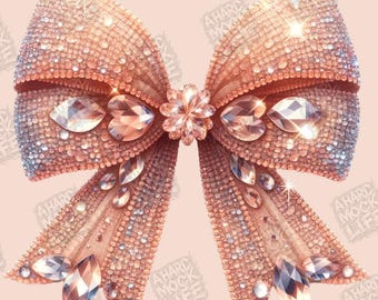 May include: A large, sparkly, pink bow with a large rhinestone in the center. The bow is made of many small rhinestones.