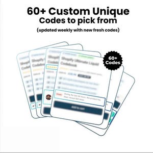 Puede incluir: Imagen con el texto "60+ Custom Unique Codes to pick from" y "(updated weekly with new fresh codes)". La imagen muestra varias tarjetas digitales con contenido borroso, una con una insignia de "60+ Codes".