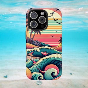 Retro style iPhone case with beach sunset design, retro seascape case, Case for iPhone 16  15  14  13  12