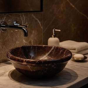 Puede incluir: Un lavabo de mármol marrón oscuro con vetas blancas se encuentra sobre una encimera de mármol. Un grifo cromado está montado en la pared encima. También se ven un dispensador de jabón blanco, una pastilla de jabón y una toalla doblada.