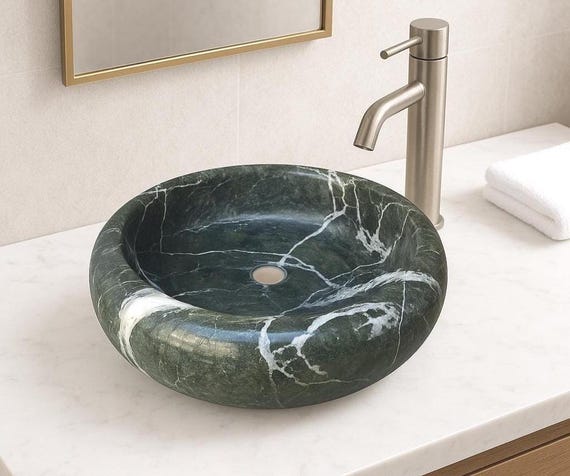 Handcrafted Green Zebra Marble Vessel Sink: Round Bathroom Countertop