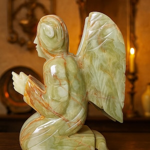 Antique Hand Carved Onyx Marble Angel Sculpture Angel Statue with Angel Wings Kneeling Figurine with Polished Finish