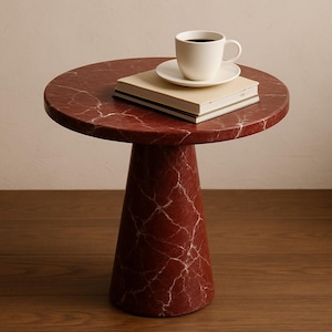 Handcrafted Rosso Levanto Marble Side Table – 20” Round Coffee Table – Red & White Pedestal Accent Table – Luxury Decor