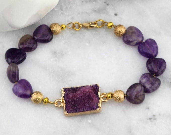 Featured listing image: Purple Amethyst Hearts & Gold Beaded Bracelet with Druzy Quartz Connector