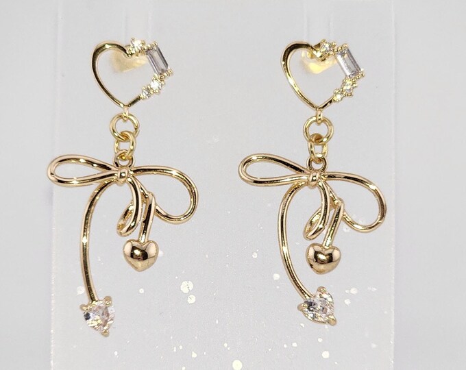 Featured listing image: Crystal with Gold Hearts and Bows Dangle Earrings