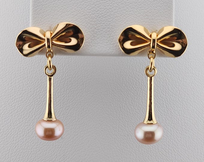 Featured listing image: Peach Pearl Pendant Charms on Gold Bow Earrings