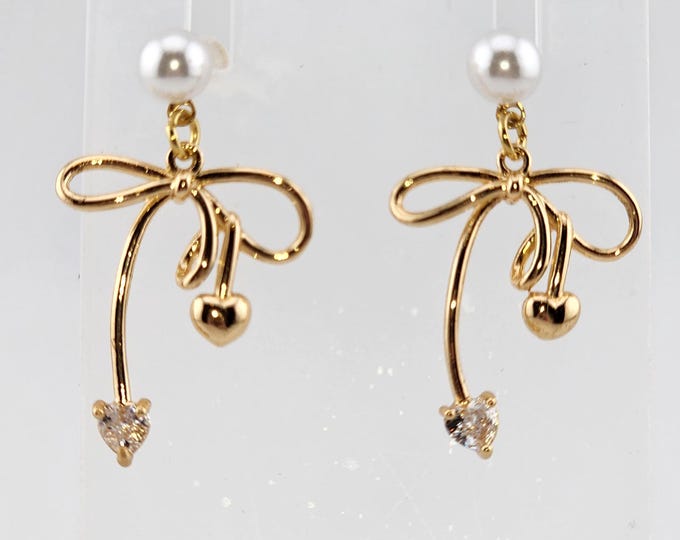 Featured listing image: White Pearl Earrings with Gold Bowknot and Crystal Heart Charms