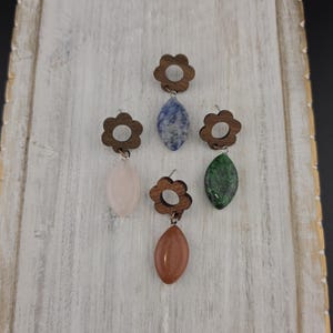 Leaf Shape Gemstone Charms on Wood Flower Earrings