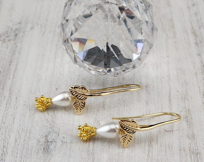 Featured listing image: White Teardrop Freshwater Pearl & Flower Stamen Charms on Gold Leaf French Hook Earrings