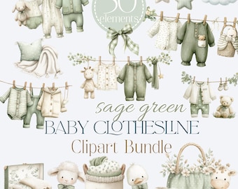 Baby Clothesline Clipart PNG, Sage Green Baby Shower Clipart, Neutral Nursery PNG, Watercolor Baby Clothes Bundle, Baby Clothes Bear