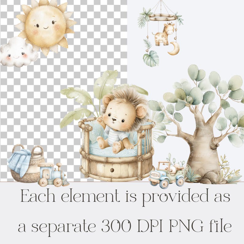 High-quality watercolor baby lion PNG clipart with transparent background, safari nursery elements, and tropical jungle decorations.