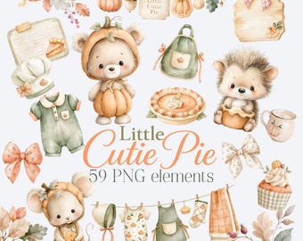 Little Cutie Pie Clipart, Pumpkin Pie Baby Shower PNG, Fall Baby Shower Clipart, Nursery Animals, Fall Baby Clothesline, Thanksgiving Art
