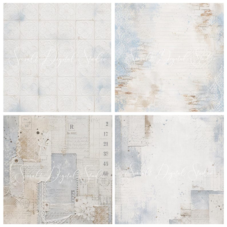 Preview of 24 printable journal papers in a coordinated Salt & Linen collection. Includes rustic journal backgrounds, neutral digital papers, distressed textures, decorative tiles, linen-inspired papers, vintage-style journal pages, scrapbook backgrounds, and junk journal printable papers in soft blue and warm neutral colors.