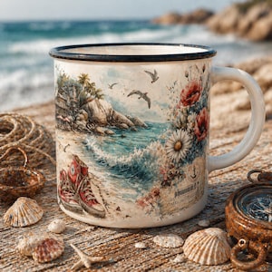 May include: A white ceramic mug with a coastal scene illustration. The design features a beach with red sneakers, flowers, and seagulls. The mug has a black rim and a white handle, perfect for enjoying a warm beverage.