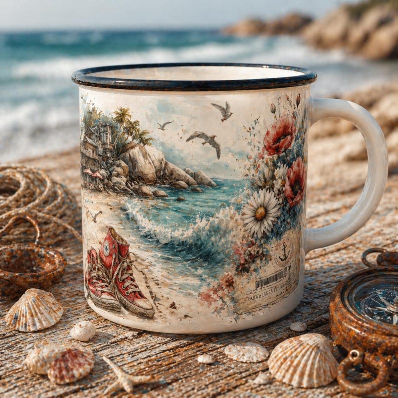 May include: A white ceramic mug with a coastal scene illustration. The design features a beach with red sneakers, flowers, and seagulls. The mug has a black rim and a white handle, perfect for enjoying a warm beverage.
