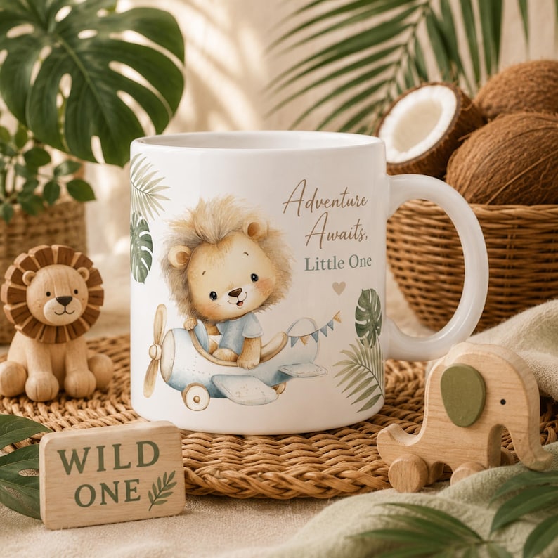 Puede incluir: Una taza de cer&aacute;mica blanca con un le&oacute;n de dibujos animados en un avi&oacute;n azul claro con el texto Adventure Awaits, Little One. La taza est&aacute; rodeada por una figura de le&oacute;n de madera, un juguete de elefante de madera y un bloque con el texto WILD ONE.