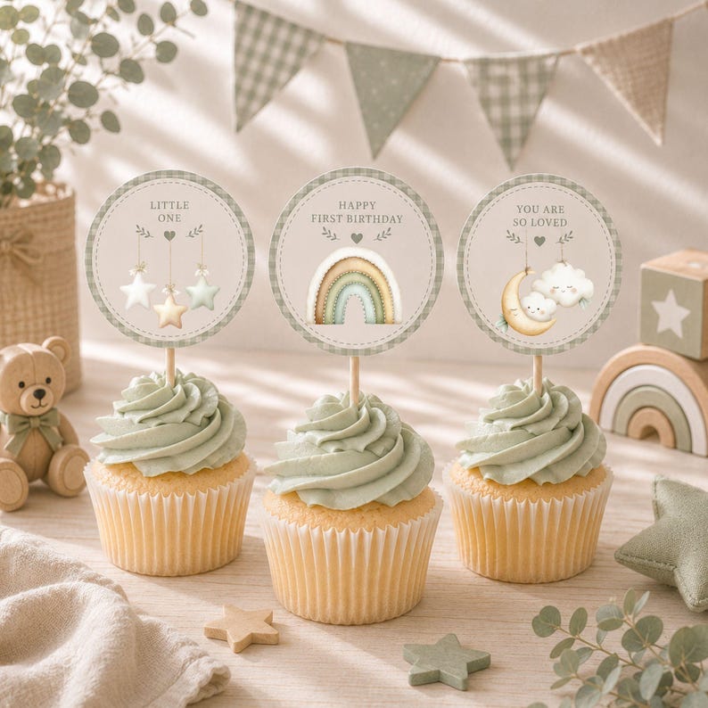 Cupcake topper mockup featuring printable Green Teddy Bear Clipart party decorations with rainbow, hanging stars and moon illustrations in a soft sage green first birthday party theme.