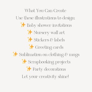 May include: Text on a cream background reads "What You Can Create" and lists design ideas: baby shower invitations, nursery wall art, stickers, greeting cards, sublimation on clothing and mugs, scrapbooking projects, and party decorations.