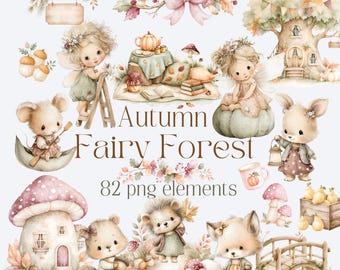 Autumn Fairy Woodland Animals Clipart, Fairy Forest Clipart, Watercolor Fall PNG,  Fairy House Clipart, Enchanted Forest Bundle
