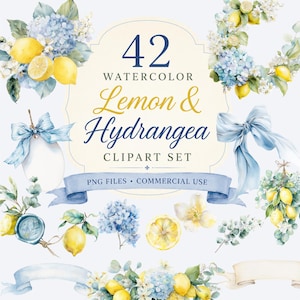 Könnte beinhalten: Ein digitales Clipart-Set mit Aquarellillustrationen von gelben Zitronen, blauen Hortensien, grünen Eukalyptusblättern und hellblauen Schleifen. Der zentrale Text lautet 42 WATERCOLOR Lemon & Hydrangea CLIPART SET PNG FILES COMMERCIAL USE.