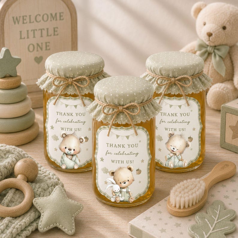 Baby shower honey jar mockup featuring Green Teddy Bear Clipart labels in a sage green nursery theme, ideal for first birthday party favours, printable labels and personalised baby celebration decorations.