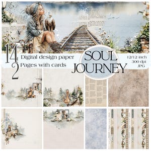 Pode incluir: Conjunto de papel de design digital intitulado "Soul Journey". A imagem apresenta uma ilustração em aquarela de uma mulher com uma águia, uma ferrovia e várias páginas de papel de design. O conjunto inclui 14 páginas com cartões, tamanho 30,48 x 30,48 cm, 300 dpi.