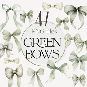 Peut inclure: Plusieurs nœuds verts à l'aquarelle de différents styles, dont des pois et des motifs vichy. L'image comprend le texte "47 fichiers PNG GREEN BOWS" dans un design circulaire, parfait pour les projets de création et de conception numériques.