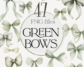 Pacchetto di clipart PNG di fiocchi verdi, clipart di nastri ad acquerello, set di fiocchi verde salvia, elementi di design per confezioni regalo, design delicato e femminile