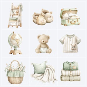 Watercolor nursery clipart including ladder shelf, baby slippers, suitcase, globe, teddy bear, baby clothes, floral basket, cushions and blankets in a coordinated sage green nursery collection.