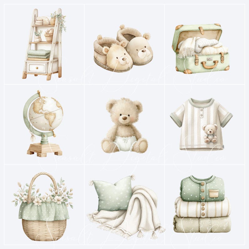 Watercolor nursery clipart including ladder shelf, baby slippers, suitcase, globe, teddy bear, baby clothes, floral basket, cushions and blankets in a coordinated sage green nursery collection.