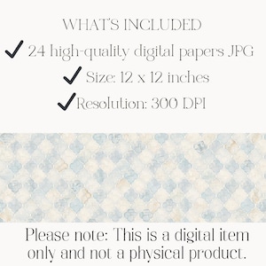 Puede incluir: Un conjunto de 24 papeles digitales de alta calidad en formato JPG, cada uno de 30,48 x 30,48 cm a 300 DPI. El dise&ntilde;o presenta un patr&oacute;n de cuatrifolio repetitivo en tonos acuarela suaves de azul y beige. Texto: WHAT'S INCLUDED, 24 high-quality digital papers JPG, Size: 12 x 12 inches, Resolution: 300 DPI, Please note: This is a digital item only and not a physical product.