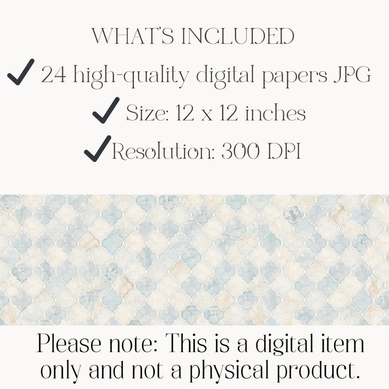 Puede incluir: Un conjunto de 24 papeles digitales de alta calidad en formato JPG, cada uno de 30,48 x 30,48 cm a 300 DPI. El dise&ntilde;o presenta un patr&oacute;n de cuatrifolio repetitivo en tonos acuarela suaves de azul y beige. Texto: WHAT'S INCLUDED, 24 high-quality digital papers JPG, Size: 12 x 12 inches, Resolution: 300 DPI, Please note: This is a digital item only and not a physical product.