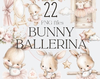 May include: A digital art image featuring several adorable bunny ballerinas in pink tutus, with floral accents and the text "22 PNG files BUNNY BALLERINA". The image includes a wardrobe with ballet dresses and stars.