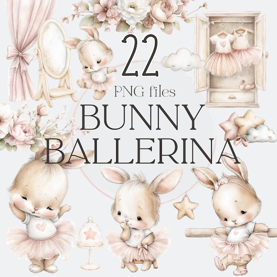 Watercolor Bunny Ballerina Clipart, Nursery Art (PNG Files, Digital Download)