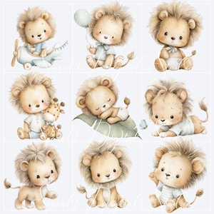 Watercolor baby lion clipart collection with safari nursery elements, palm leaves, baobab tree, toys, nursery accessories, banners, and jungle-themed illustrations.