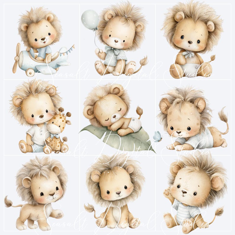 Watercolor baby lion clipart collection with safari nursery elements, palm leaves, baobab tree, toys, nursery accessories, banners, and jungle-themed illustrations.
