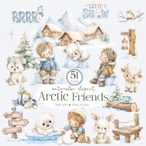 Op de afbeelding: Een collectie aquarel illustraties met arctische thema's, waaronder kinderen in winterkleding, een ijsbeer, een wolf, een zeehond, een konijn, een kalf, besneeuwde hutten, dennenbomen, een lantaarn en houten borden met de tekst Arctic Friends.