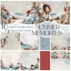 Könnte beinhalten: Digitales Designpapier-Set mit dem Titel "Summer Memories". Das Bild zeigt eine Aquarellillustration mit einem Oldtimer, einem Globus und einem Mädchen. Das Set enthält 18 digitale Designpapiere und 2 Seiten mit Karten, je 30.5 x 30.5 cm.
