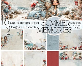 Puede incluir: Conjunto de papel de diseño digital titulado "Summer Memories". La imagen presenta una ilustración en acuarela con un coche vintage, un globo terráqueo y una niña. El conjunto incluye 18 papeles de diseño digital y 2 páginas con tarjetas, 30.5 x 30.5 cm.