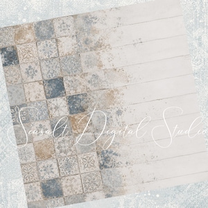 Puede incluir: Un fondo digital que presenta una transici&oacute;n desde una cuadr&iacute;cula de azulejos cuadrados con patrones florales en azul, beige y blanco hacia una textura de tablones de madera horizontales blancos. El texto Seasalt Digital Studio est&aacute; superpuesto en letra cursiva blanca.